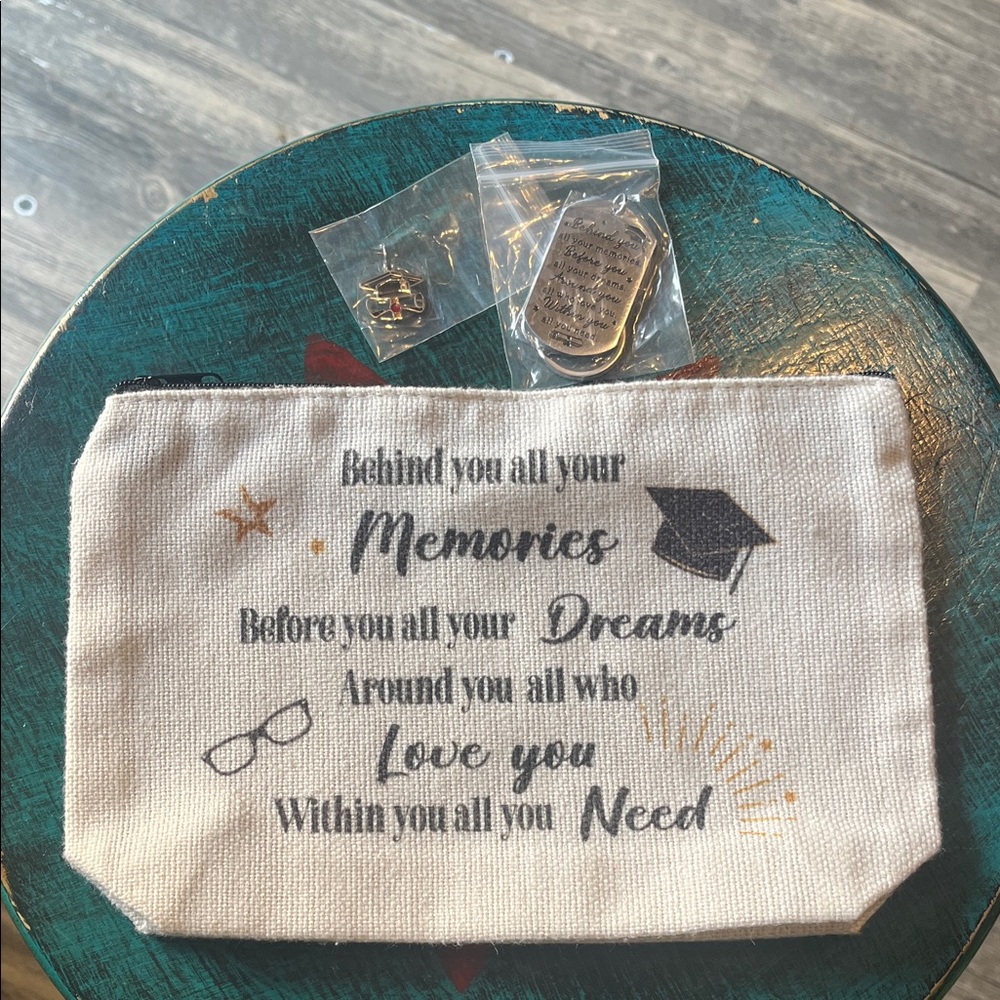 Canvas Graduation Memories Cosmetic Bag in Natural and Keychain and Charm